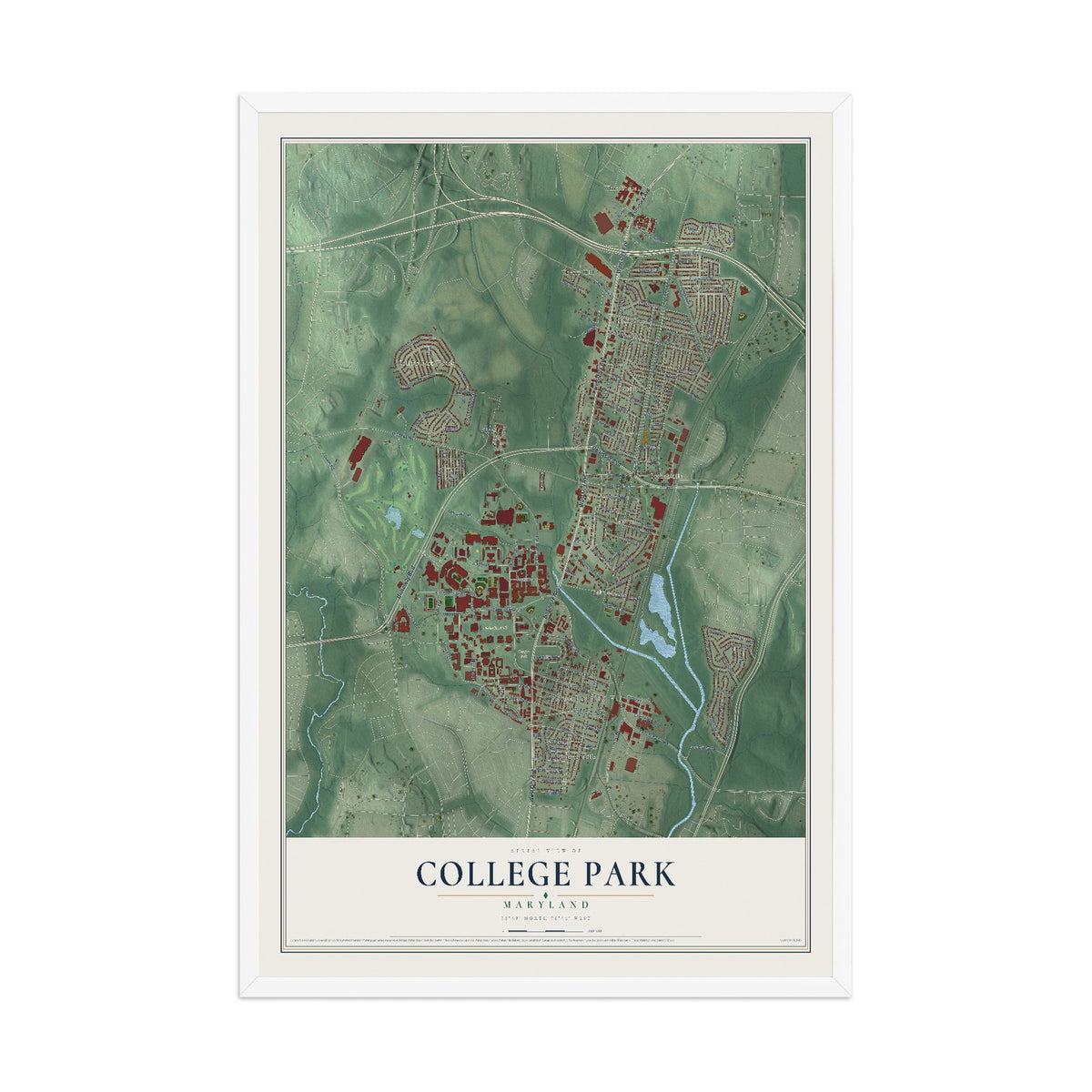 Map of College Park, Maryland, 12 x 18 inch print in a white wood frame