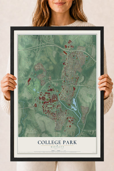 Map of College Park, Maryland, 18 x 24 inch print in a black wood frame