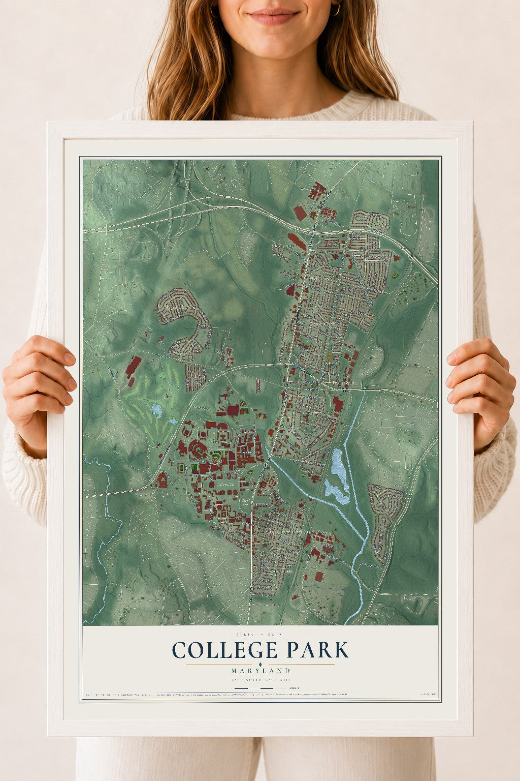 Map of College Park, Maryland, 18 x 24 inch print in a white wood frame