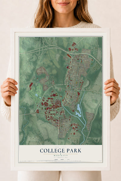 Map of College Park, Maryland, 18 x 24 inch print in a white wood frame