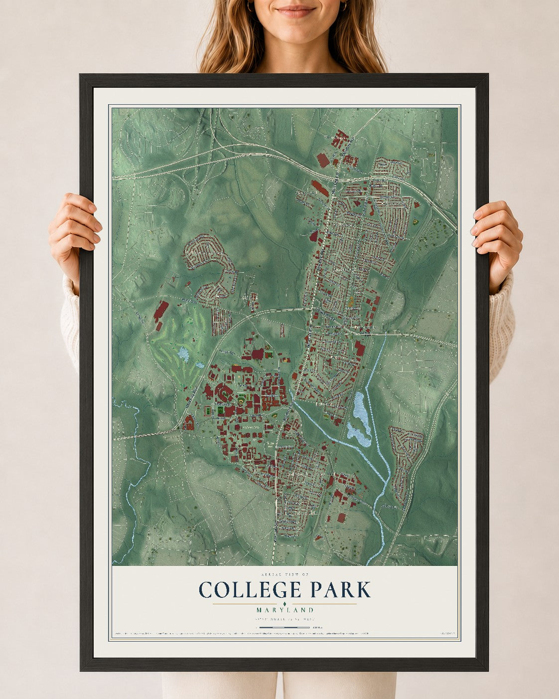 Map of College Park, Maryland, 24 x 36 inch print in a black wood frame