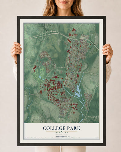 Map of College Park, Maryland, 24 x 36 inch print in a black wood frame