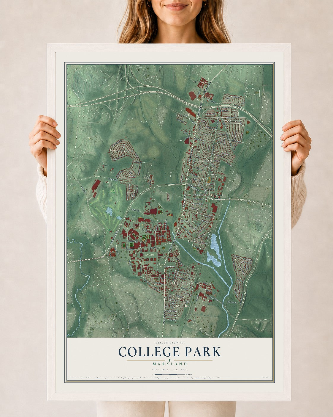 Map of College Park, Maryland, 24 x 36 inch print in a white wood frame