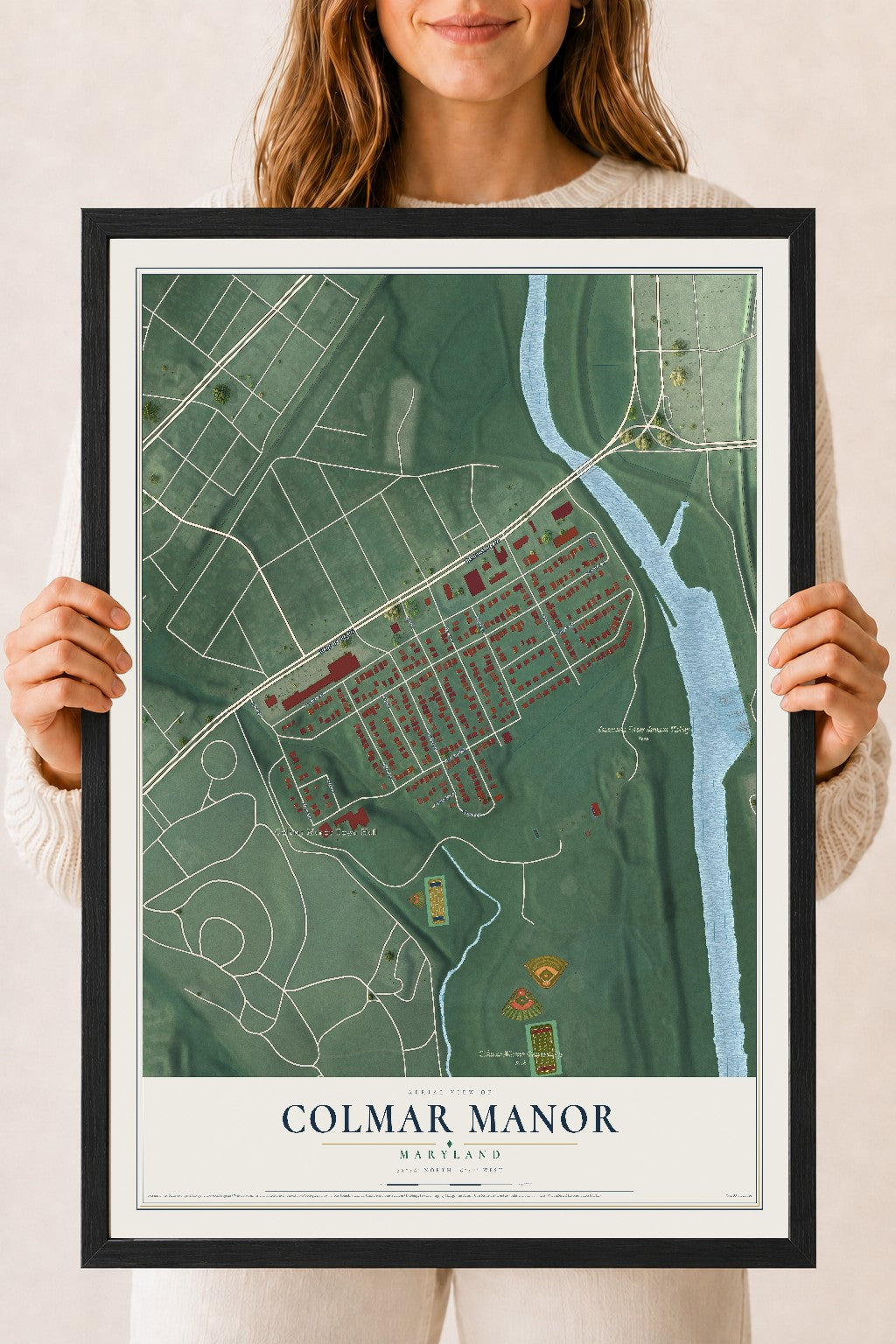 Map of Colmar Manor, Maryland, 18 x 24 inch print in a black wood frame