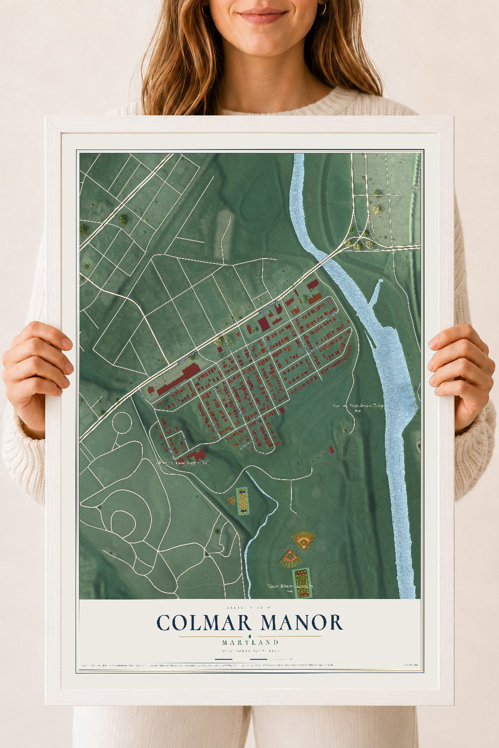 Map of Colmar Manor, Maryland, 18 x 24 inch print in a white wood frame
