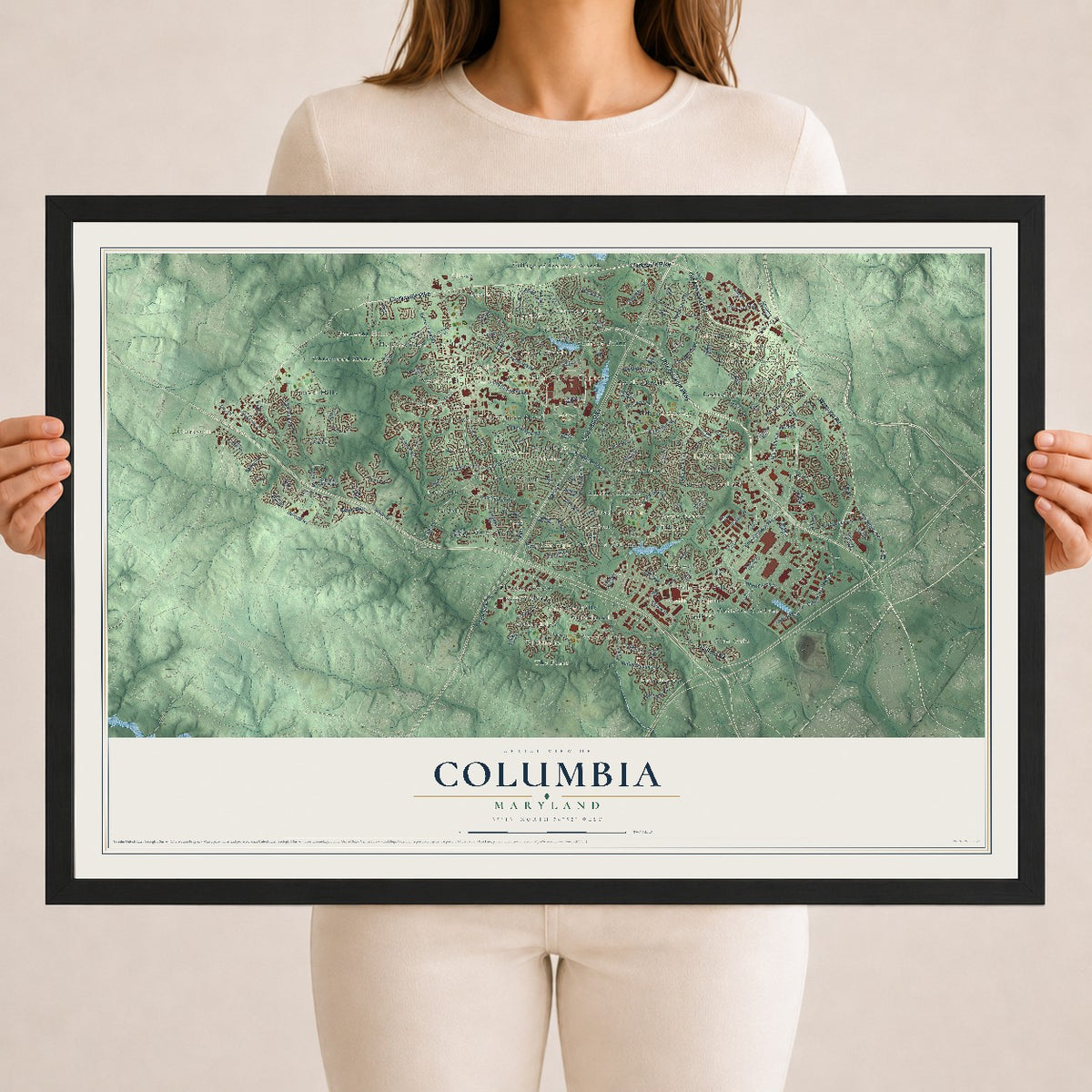 Map of Columbia, Maryland, 18 x 24 inch print in a black wood frame