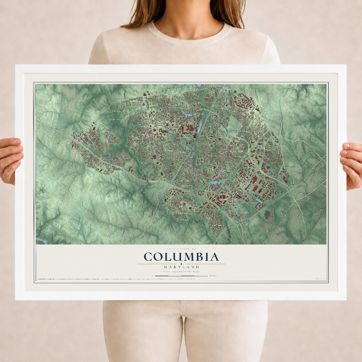 Map of Columbia, Maryland, 18 x 24 inch print in a white wood frame