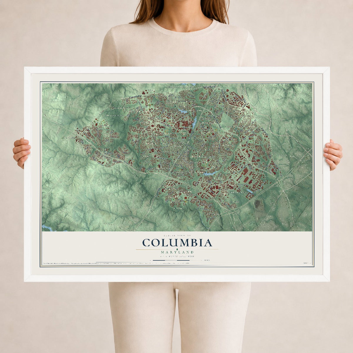 Map of Columbia, Maryland, 24 x 36 inch print in a white wood frame