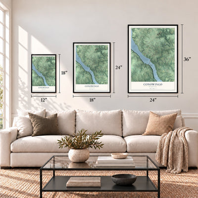 Conowingo, Maryland map in 12 x 18, 18 x 24 and 24 x 36 inch sizes above a sofa