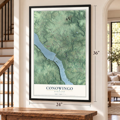 Conowingo, Maryland map, 24 x 36 inch print in a black frame by a staircase