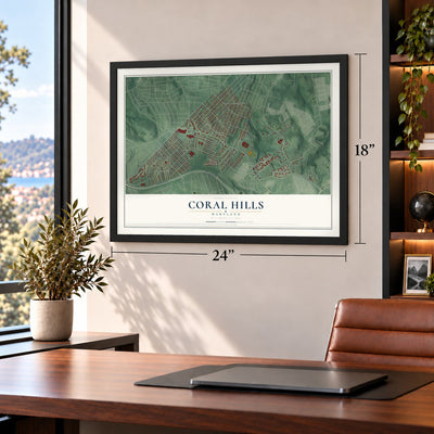 Coral Hills, Maryland map, 18 x 24 inch print in a black frame in a home office