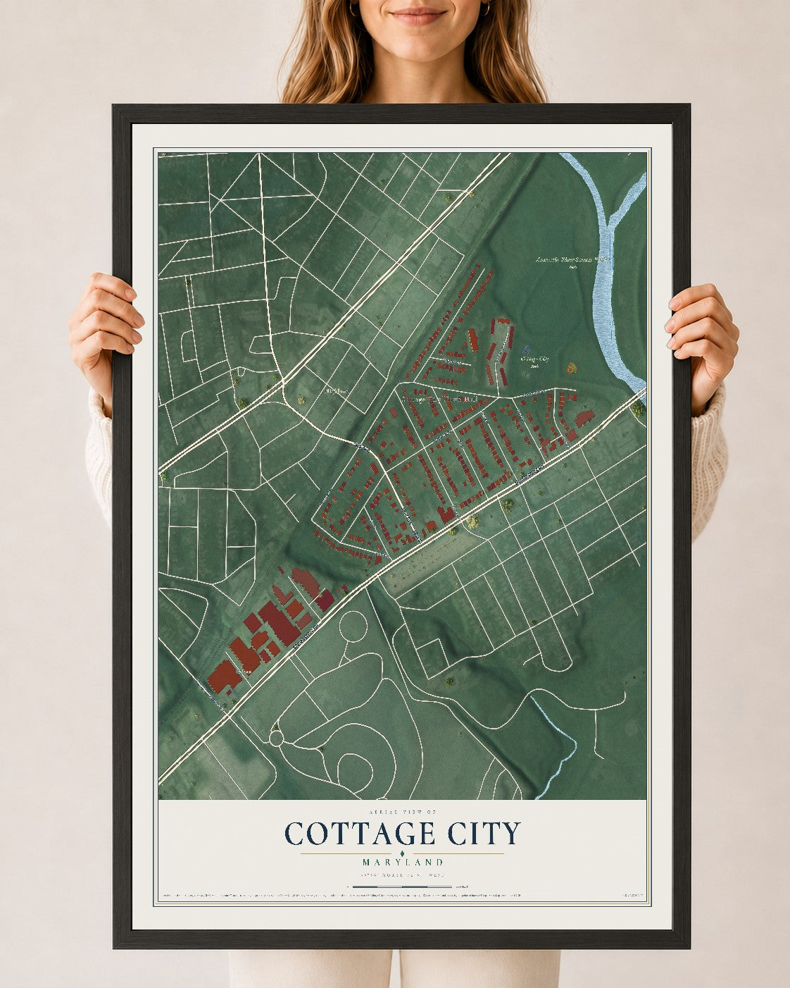Map of Cottage City, Maryland, 24 x 36 inch print in a black wood frame