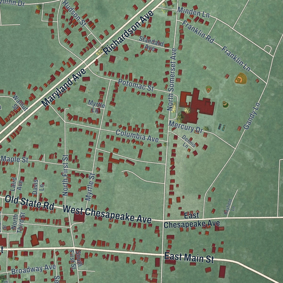Second close-up of the map of Crisfield, Maryland print showing more streets and buildings