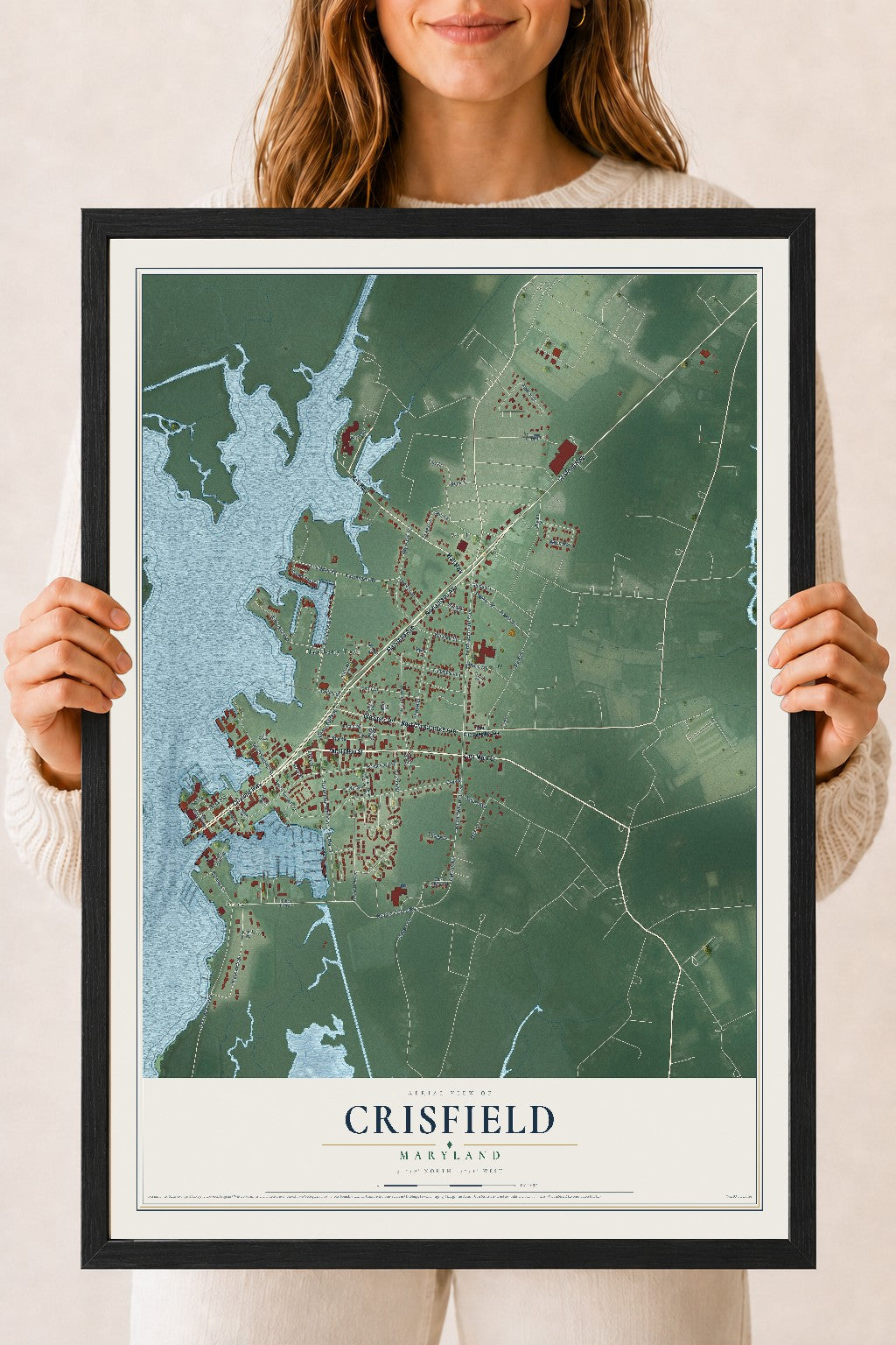 Map of Crisfield, Maryland, 18 x 24 inch print in a black wood frame