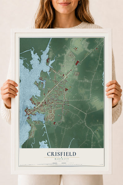 Map of Crisfield, Maryland, 18 x 24 inch print in a white wood frame