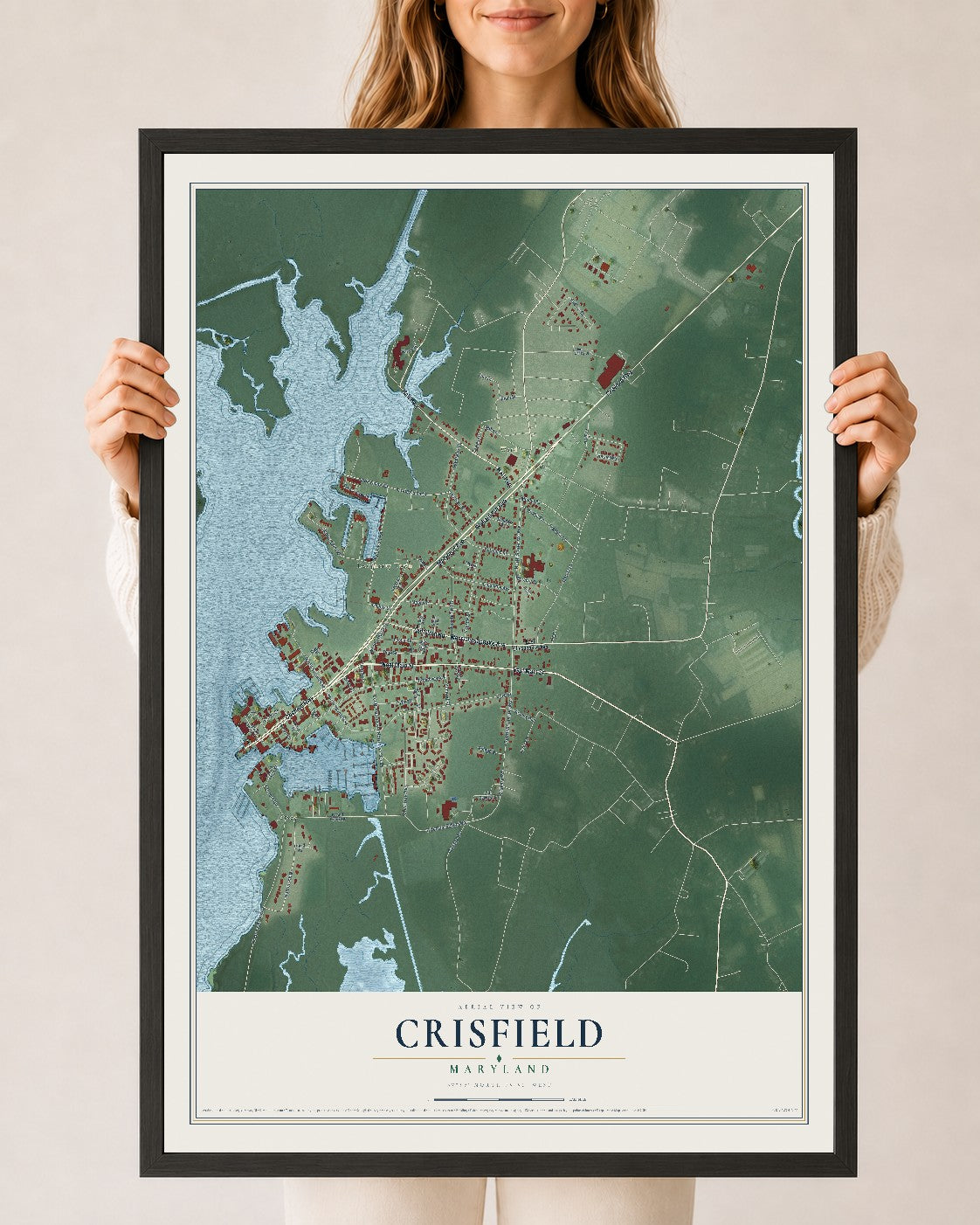 Map of Crisfield, Maryland, 24 x 36 inch print in a black wood frame