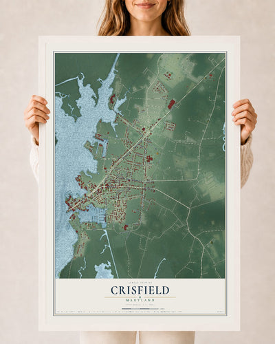 Map of Crisfield, Maryland, 24 x 36 inch print in a white wood frame
