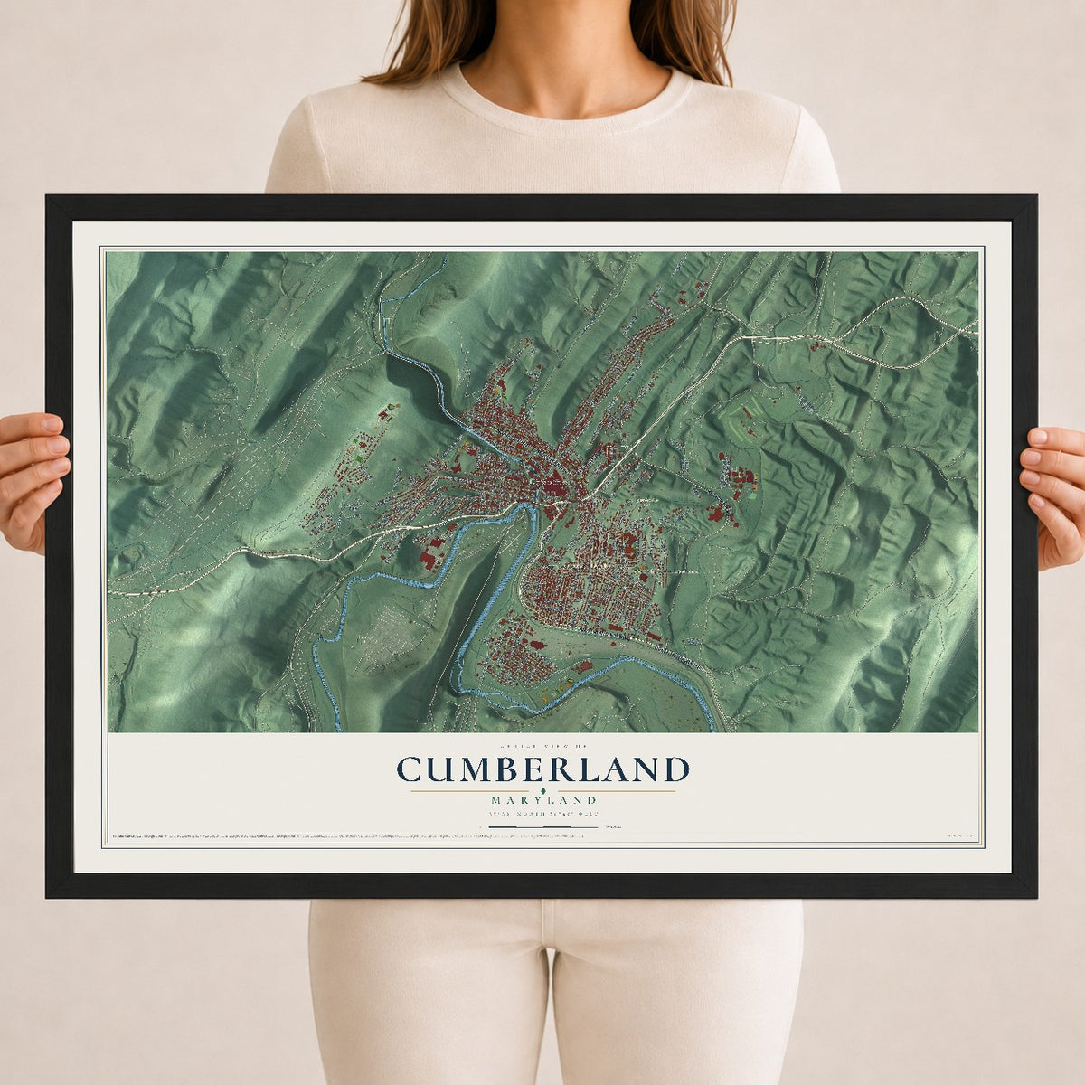 Map of Cumberland, Maryland, 18 x 24 inch print in a black wood frame