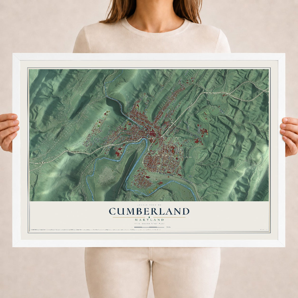 Map of Cumberland, Maryland, 18 x 24 inch print in a white wood frame