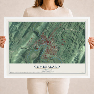 Map of Cumberland, Maryland, 18 x 24 inch print in a white wood frame