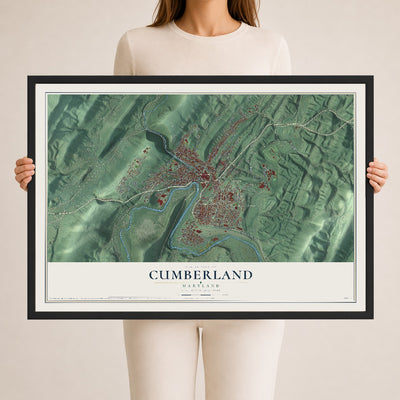 Map of Cumberland, Maryland, 24 x 36 inch print in a black wood frame