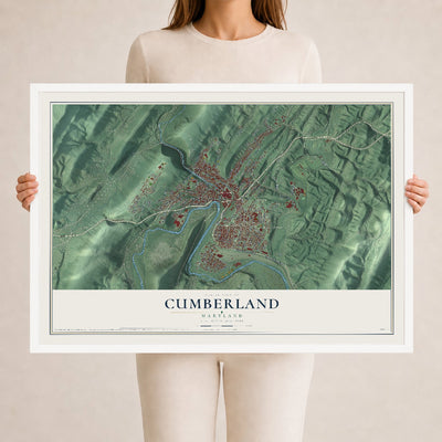 Map of Cumberland, Maryland, 24 x 36 inch print in a white wood frame