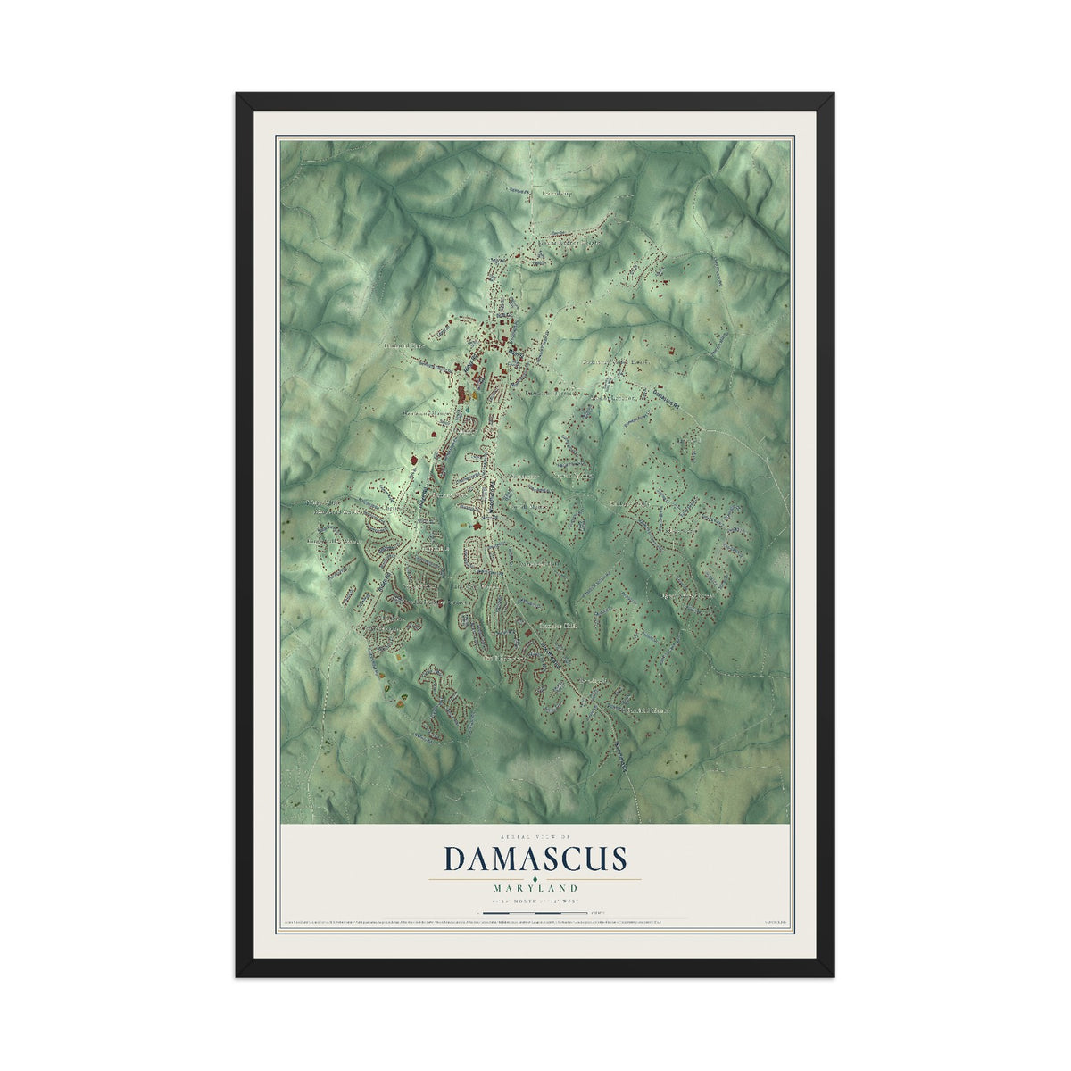 Map of Damascus, Maryland, 12 x 18 inch print in a black wood frame