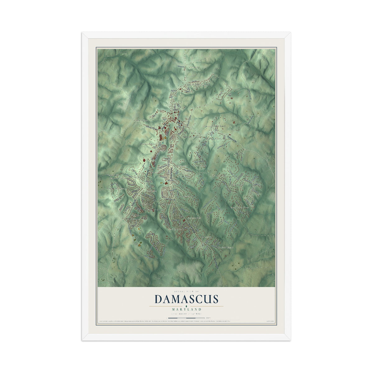 Map of Damascus, Maryland, 12 x 18 inch print in a white wood frame