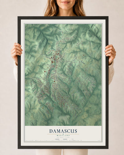 Map of Damascus, Maryland, 24 x 36 inch print in a black wood frame