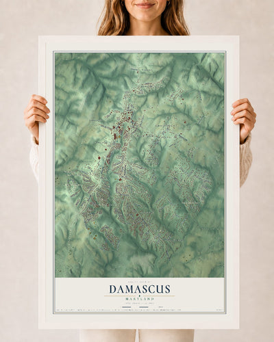 Map of Damascus, Maryland, 24 x 36 inch print in a white wood frame