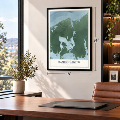 Dames Quarter, Maryland map, 18 x 24 inch print in a black frame in a home office