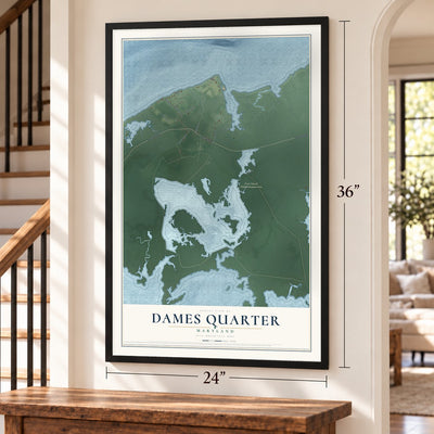 Dames Quarter, Maryland map, 24 x 36 inch print in a black frame by a staircase