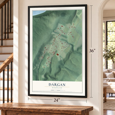 Dargan, Maryland map, 24 x 36 inch print in a black frame by a staircase