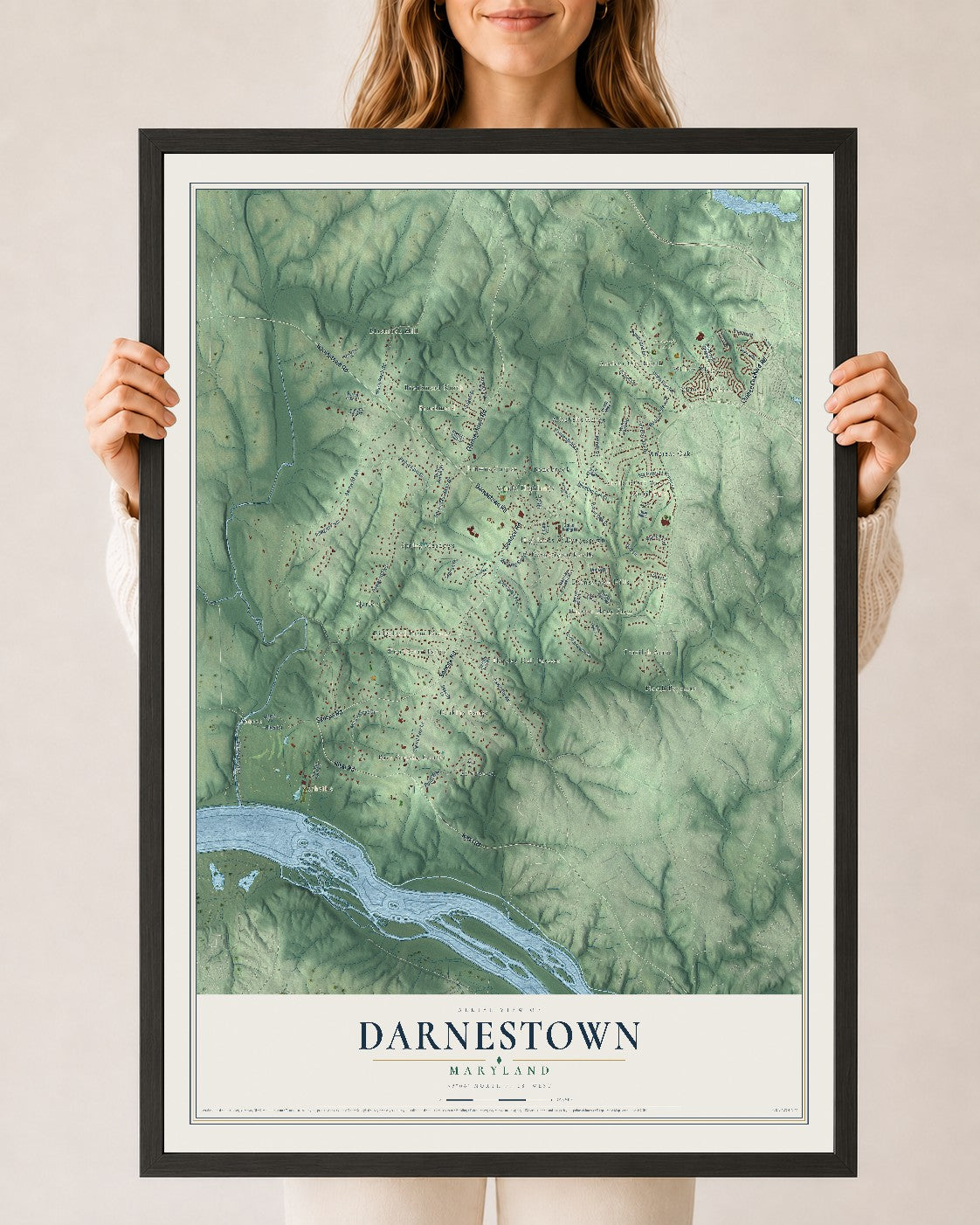 Map of Darnestown, Maryland, 24 x 36 inch print in a black wood frame