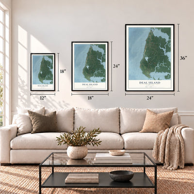 Deal Island, Maryland map in 12 x 18, 18 x 24 and 24 x 36 inch sizes above a sofa
