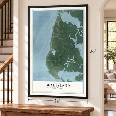 Deal Island, Maryland map, 24 x 36 inch print in a black frame by a staircase