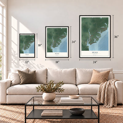 Deale, Maryland map in 12 x 18, 18 x 24 and 24 x 36 inch sizes above a sofa