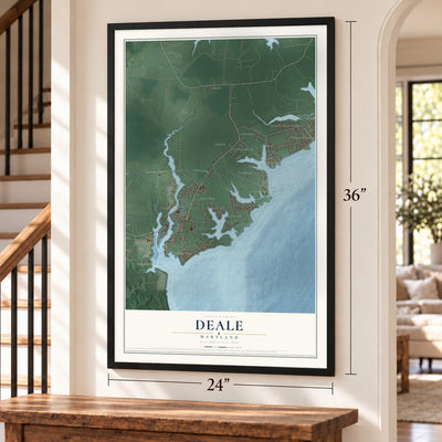 Deale, Maryland map, 24 x 36 inch print in a black frame by a staircase