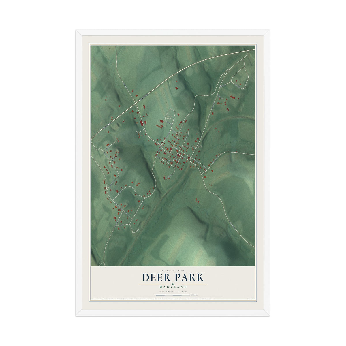 Map of Deer Park, Maryland, 12 x 18 inch print in a white wood frame