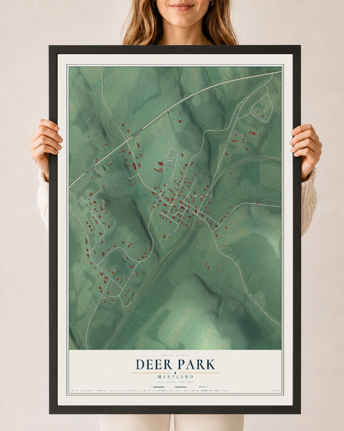 Map of Deer Park, Maryland, 24 x 36 inch print in a black wood frame