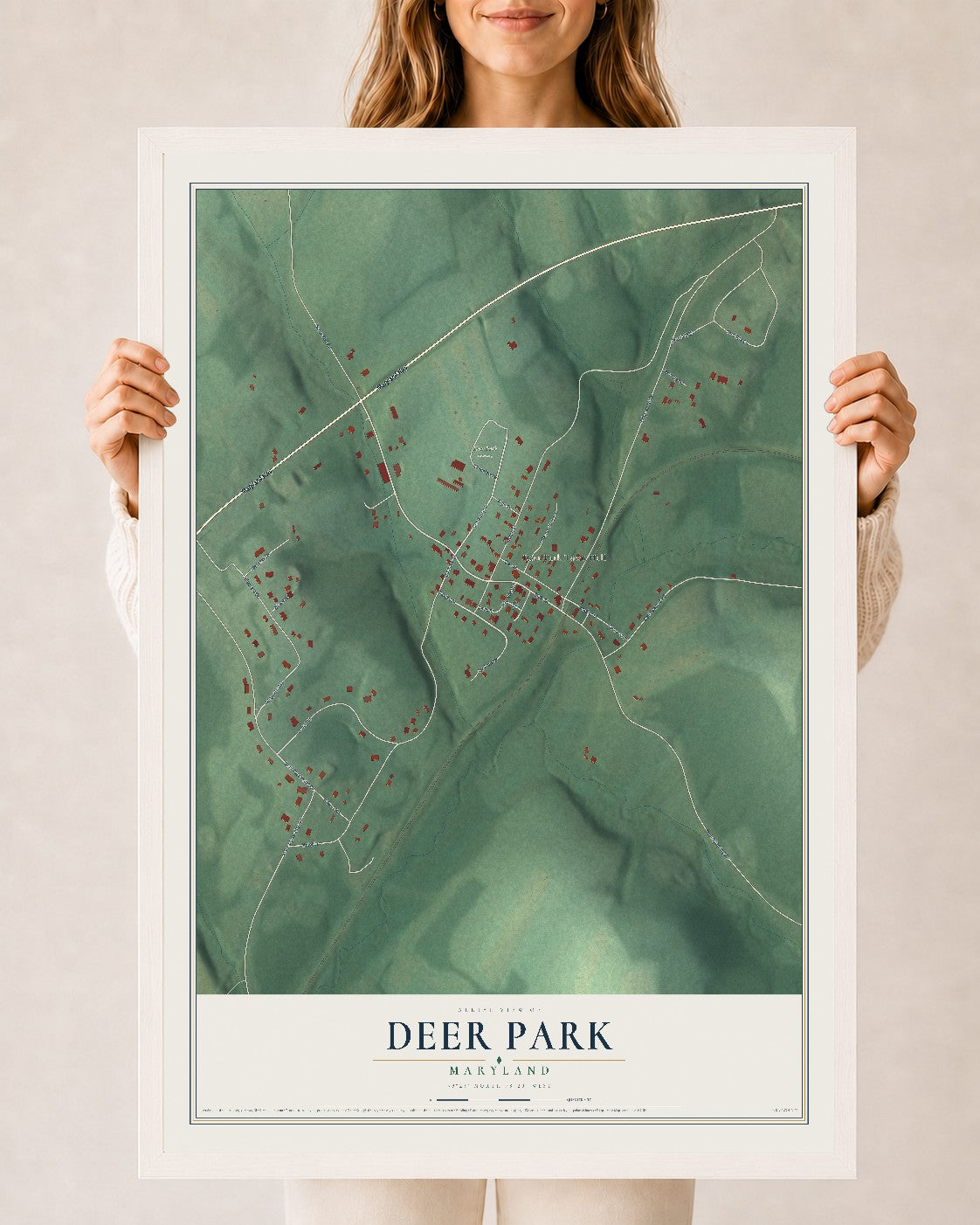 Map of Deer Park, Maryland, 24 x 36 inch print in a white wood frame