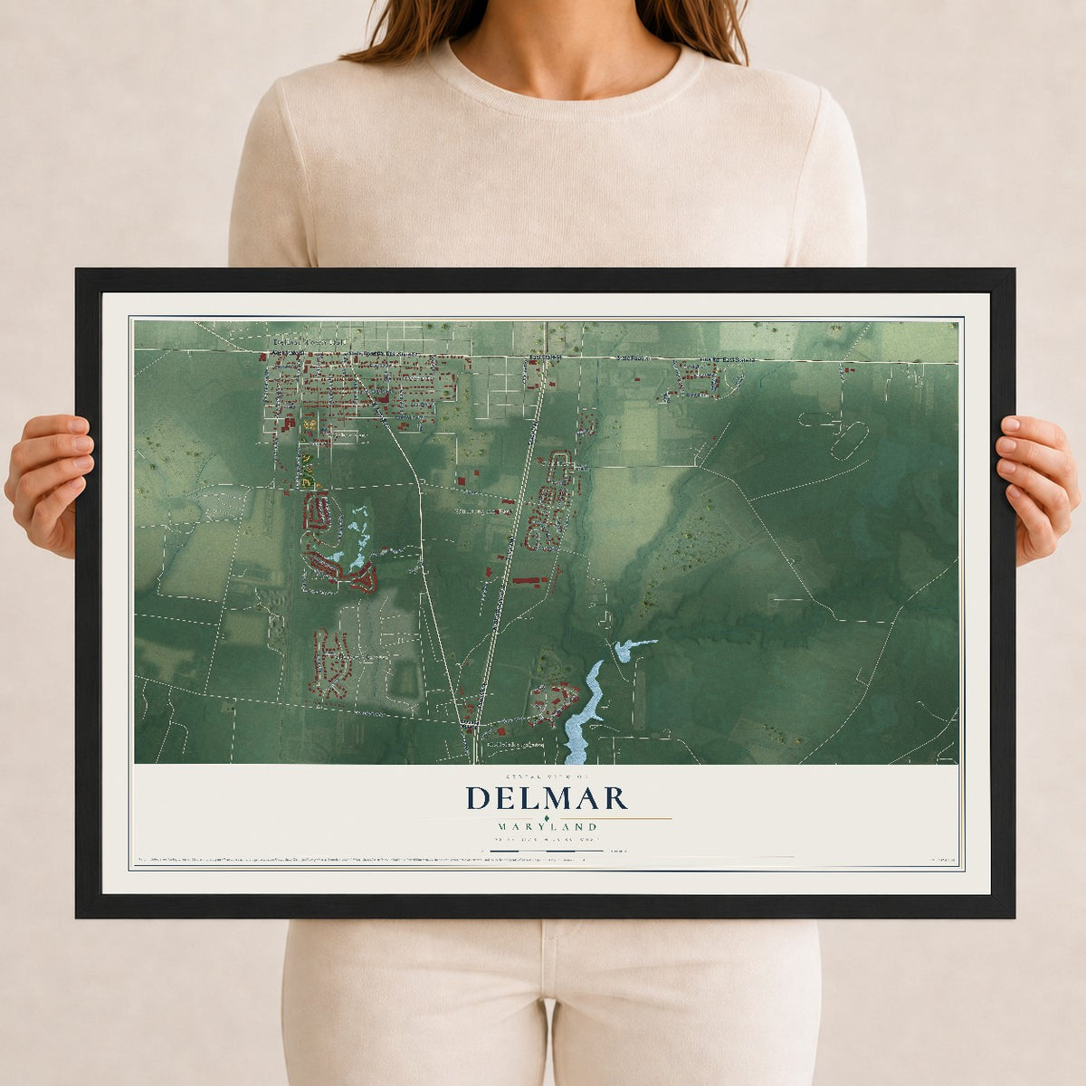 Map of Delmar, Maryland, 12 x 18 inch print in a black wood frame