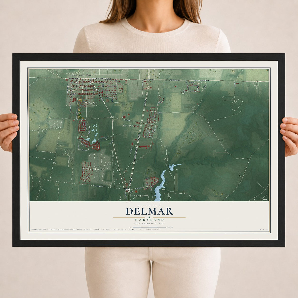 Map of Delmar, Maryland, 18 x 24 inch print in a black wood frame