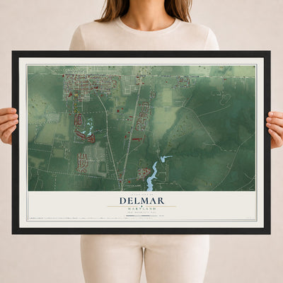 Map of Delmar, Maryland, 18 x 24 inch print in a black wood frame