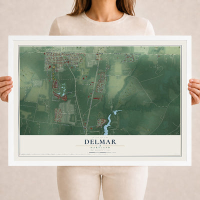 Map of Delmar, Maryland, 18 x 24 inch print in a white wood frame