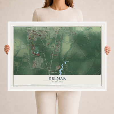 Map of Delmar, Maryland, 24 x 36 inch print in a white wood frame