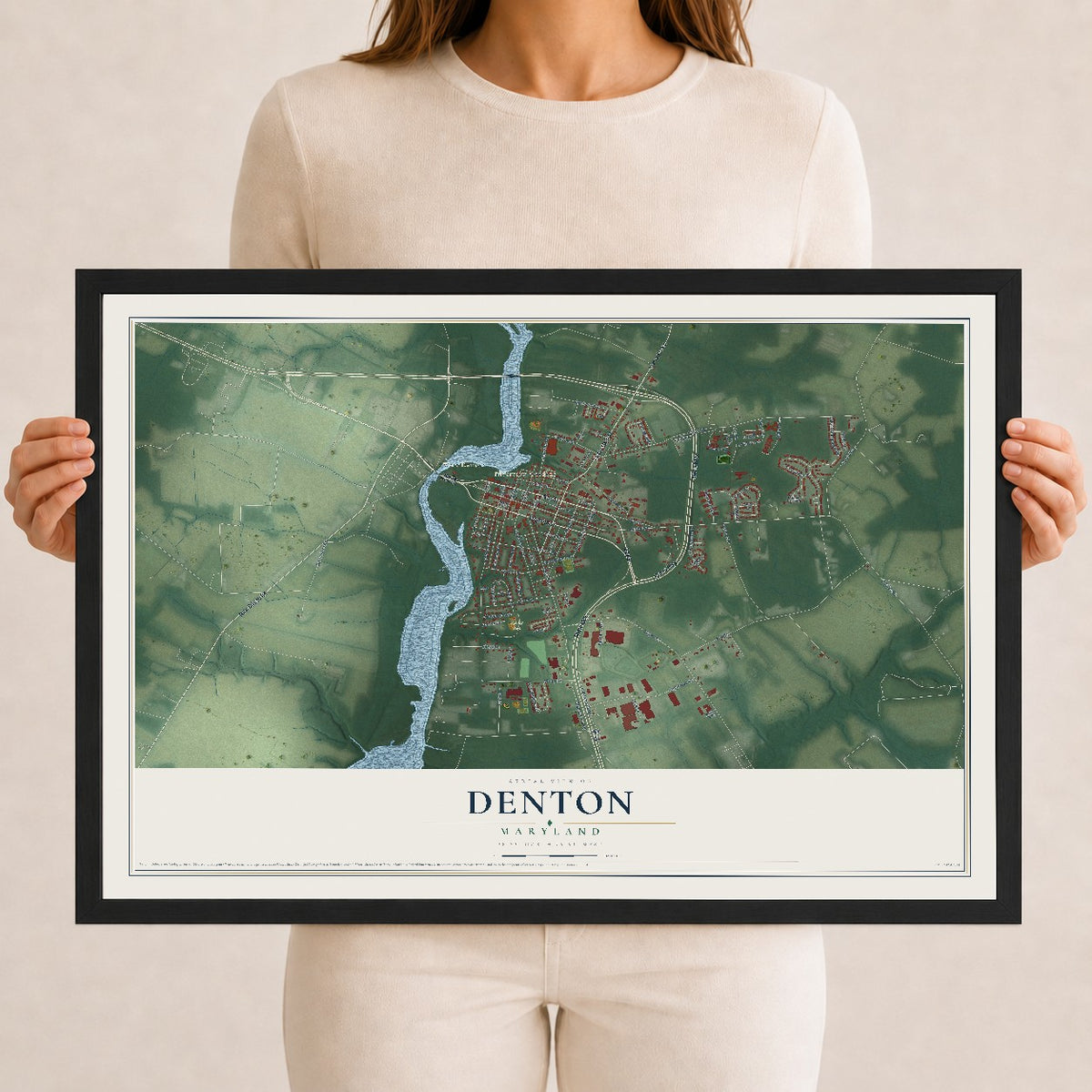 Map of Denton, Maryland, 12 x 18 inch print in a black wood frame