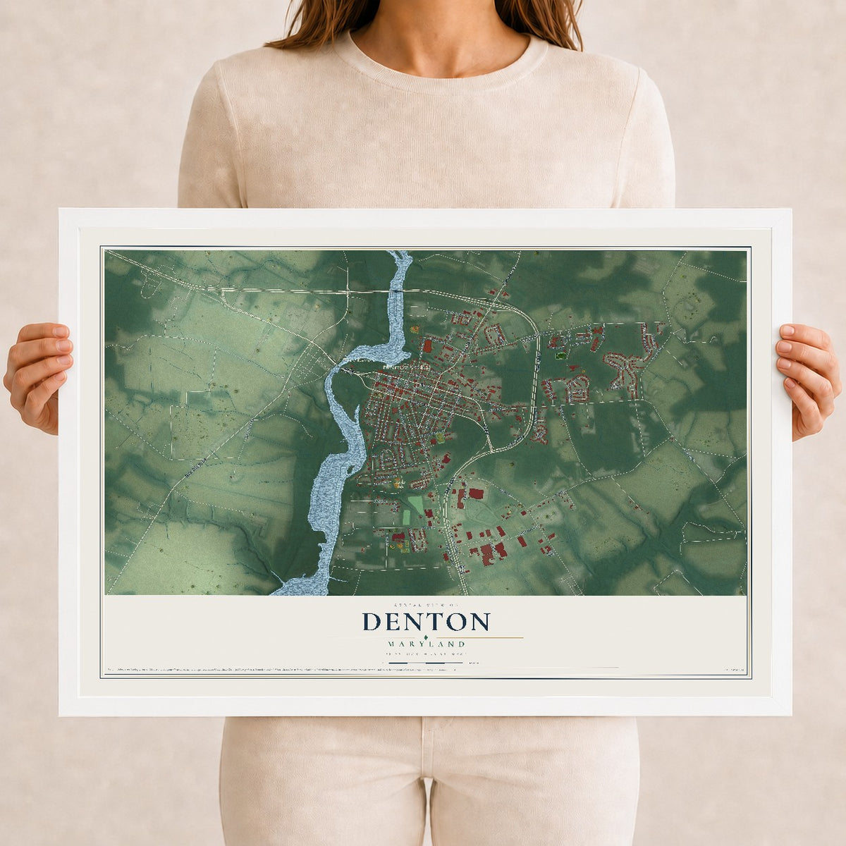 Map of Denton, Maryland, 12 x 18 inch print in a white wood frame