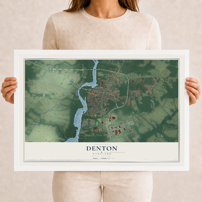 Map of Denton, Maryland, 12 x 18 inch print in a white wood frame