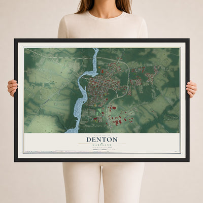 Map of Denton, Maryland, 24 x 36 inch print in a black wood frame